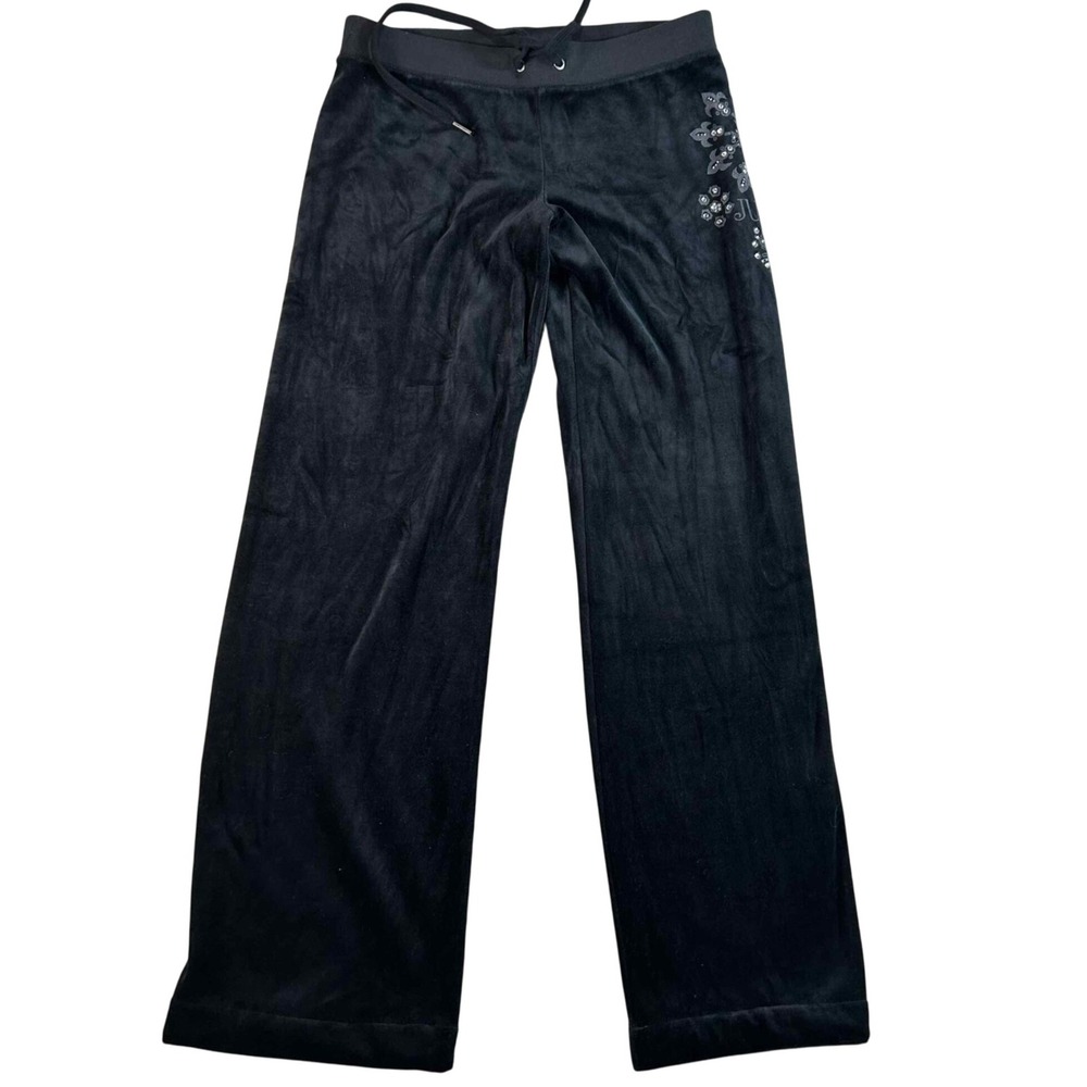 Juicy Couture Black Velour Wide-Leg Track Pants with Side Embellishment